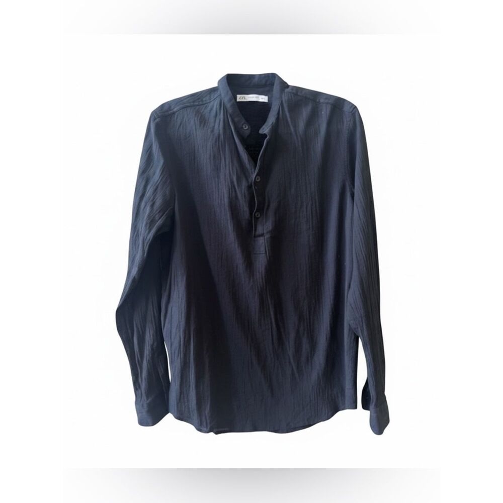 Zara Mandarin Collar Tunic Top Sz Medium‎ Black Gauzy Cotton 4 Buttons Light